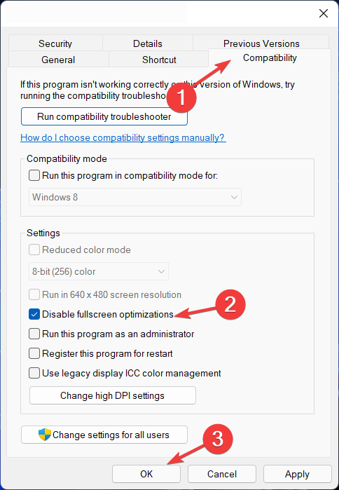 Отключение полноэкранной оптимизации в свойствах совместимости