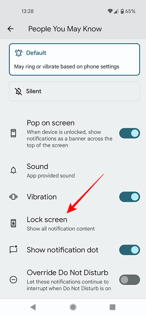 Параметр «Экран блокировки» для типа уведомления