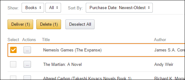 Список контента и меню действий