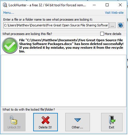 Контекстное меню и окно LockHunter с информацией о блокировке