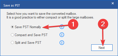 Options Save PST montrant Save PST normally, Compact and Save PST, Split and Save PST