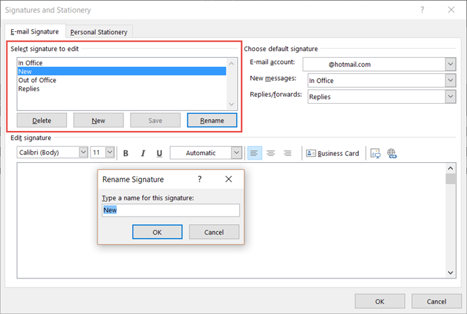 change or rename your outlook email signature