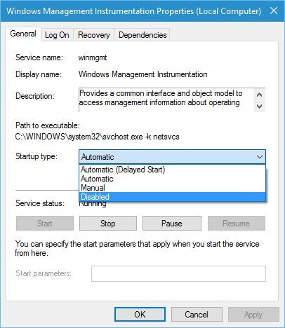 Окно свойств службы Windows Management Instrumentation с настройками типа запуска