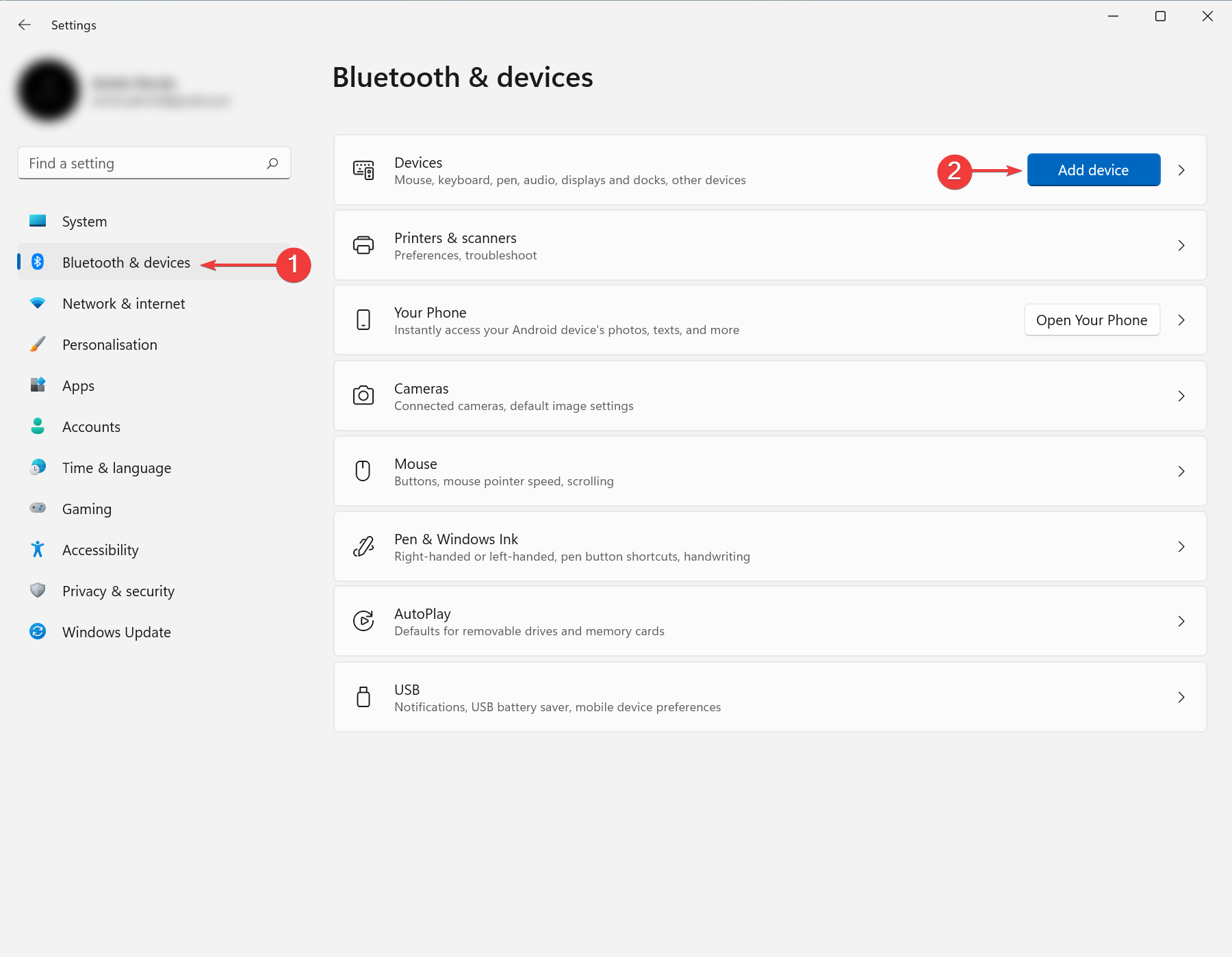 Добавление устройства в «Bluetooth и устройства»