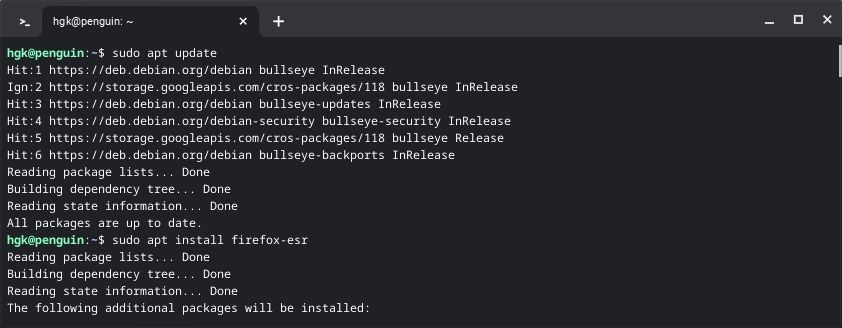 Установка Firefox ESR через терминал среды Linux на Chromebook