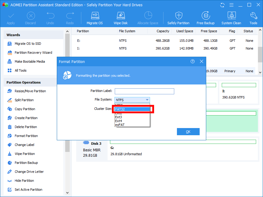 Immagine: scelta del File system FAT32 in AOMEI