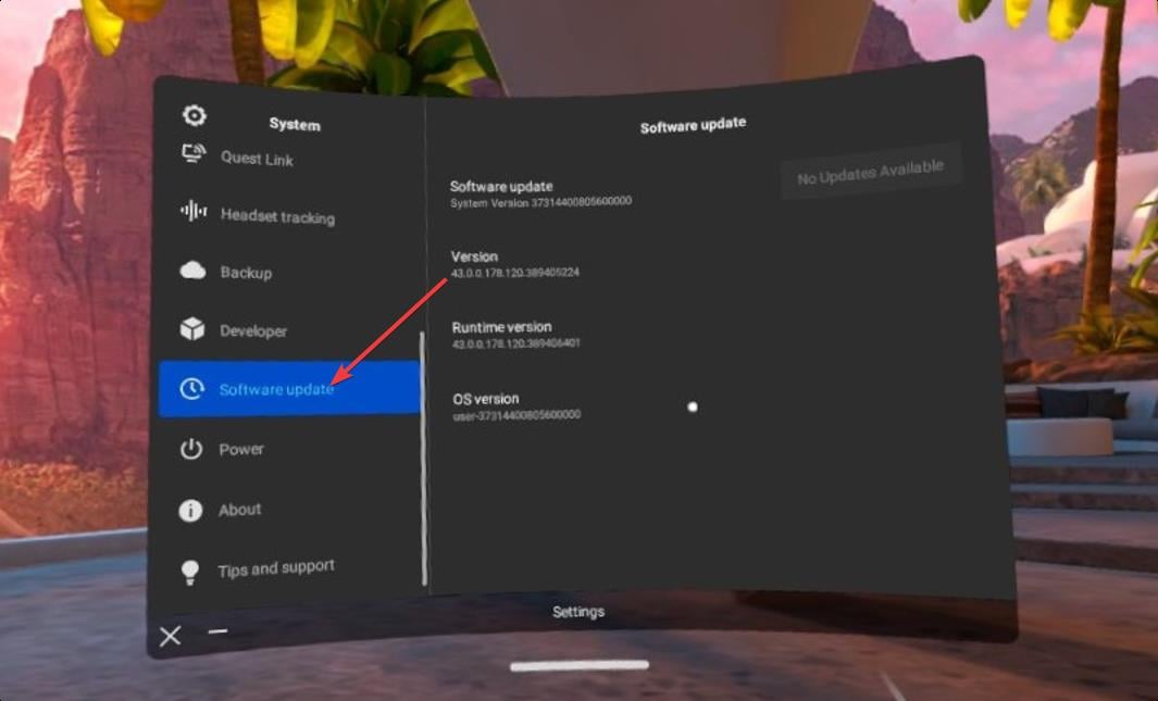 Экран Обновление ПО на Oculus Quest