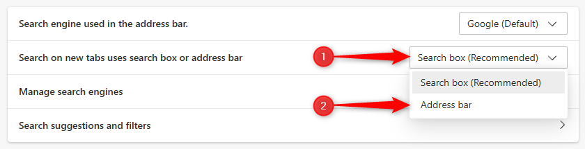 Опция изменения поведения поиска на новой вкладке в настройках Edge.