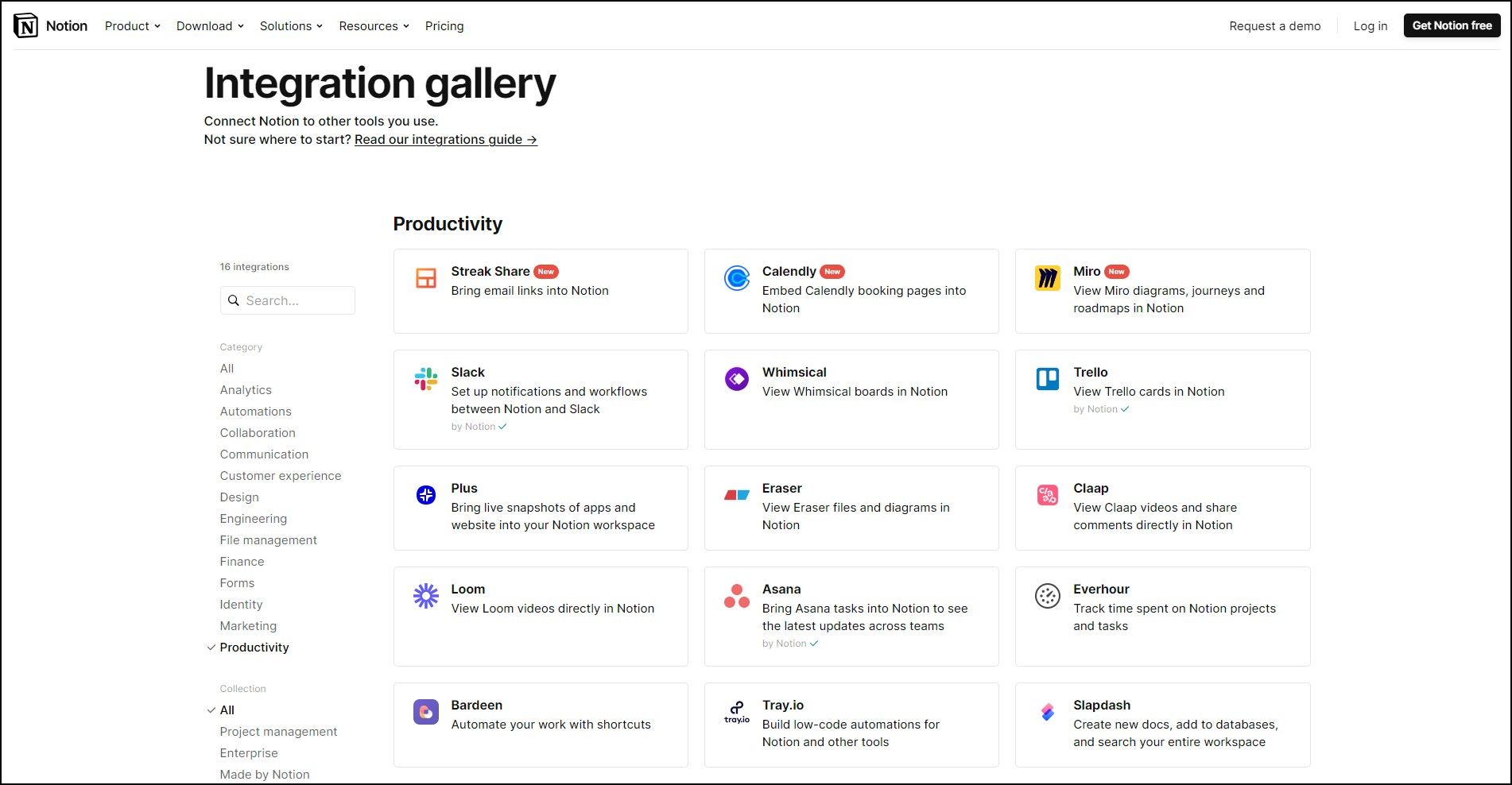 Галерея интеграций Notion