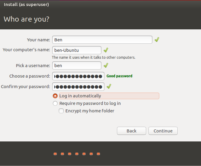 Задание учётных данных при установке Ubuntu