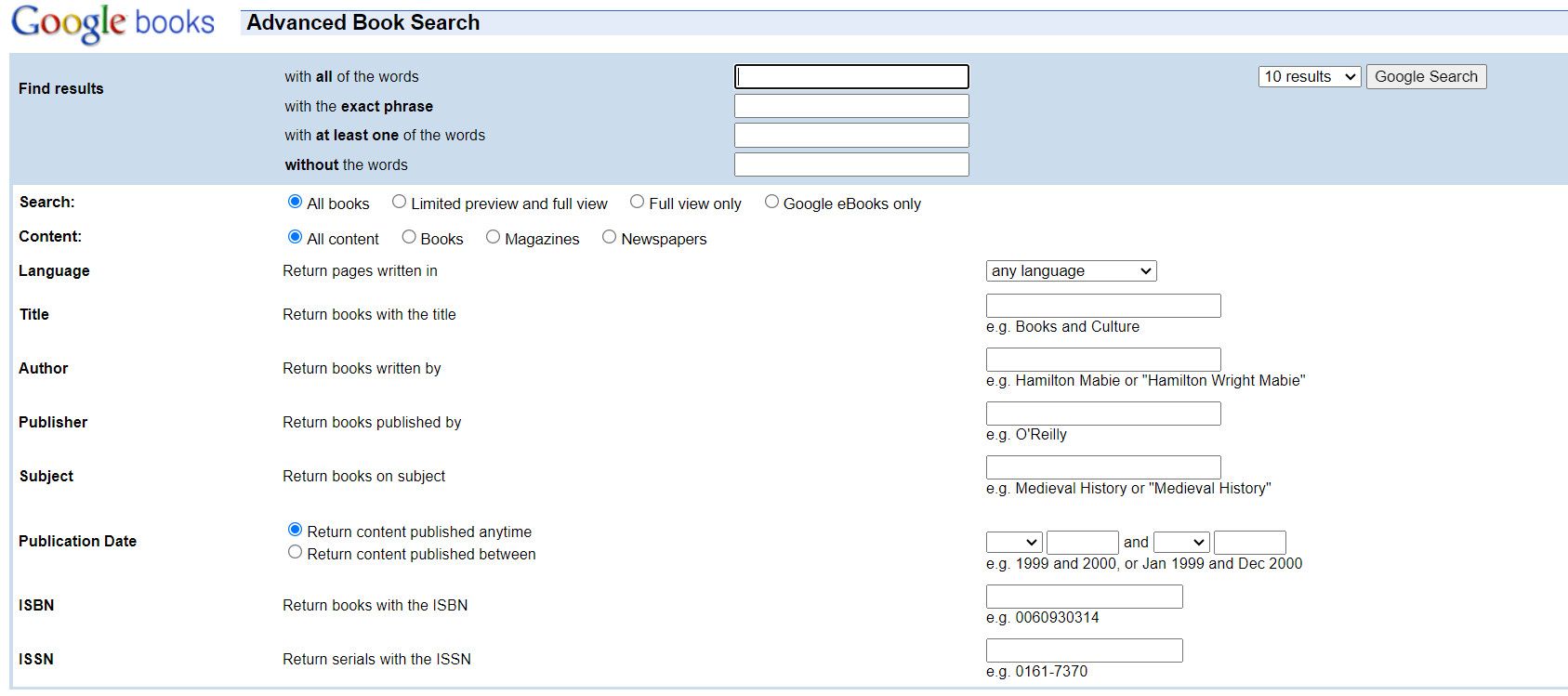 Google Books advanced search feature