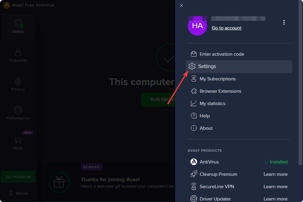 Переход в параметры Avast