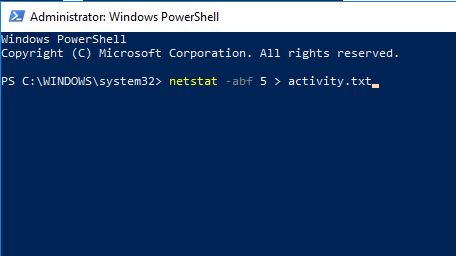 Output netstat salvato in activity.txt e aperto in Blocco note
