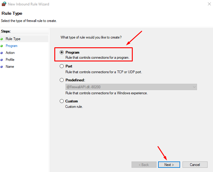 Выбор программы для правила