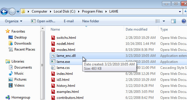 Папка с распакованным LAME в Program Files