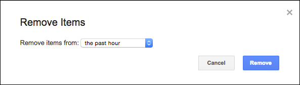 Диалог удаления истории: диапазоны от 'за последний час' до 'с начала времени'