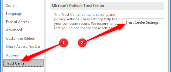 Откройте Центр управления безопасностью в параметрах Outlook