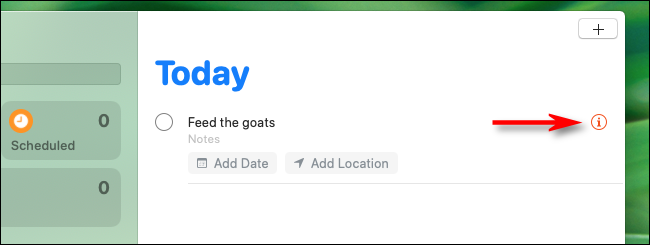 Кнопка «Инфо» (i) рядом с напоминанием в «Напоминаниях» на Mac