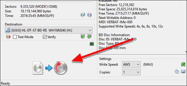 ImgBurn: кнопка записи и индикатор прогресса