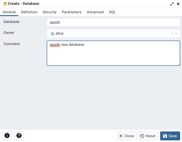 Форма создания базы данных: поля Database и Owner