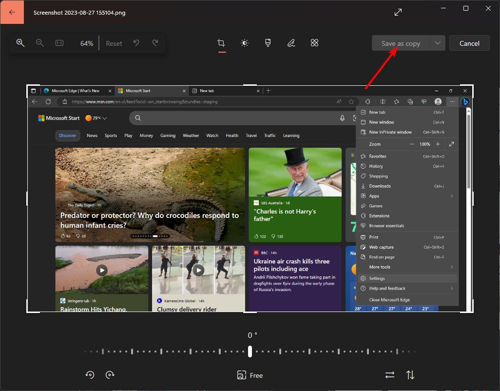 Инструмент обрезки в Фотографиях и кнопка Сохранить как копию