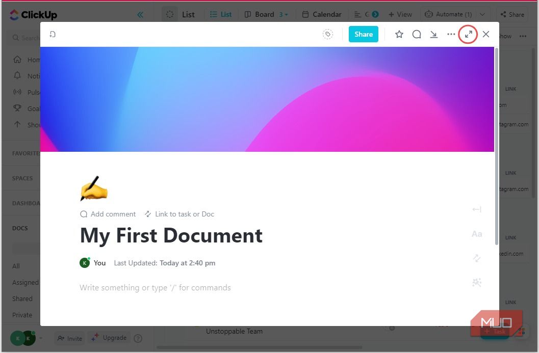 Изменение размера документа ClickUp на полный экран