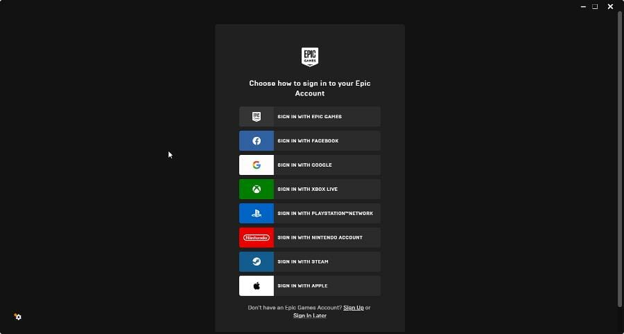 Окно входа в Epic Games Launcher