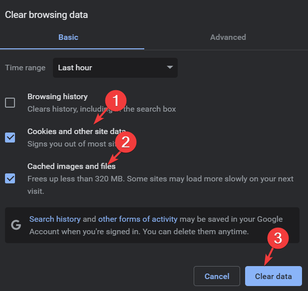 Скриншот: диалог очистки данных браузера