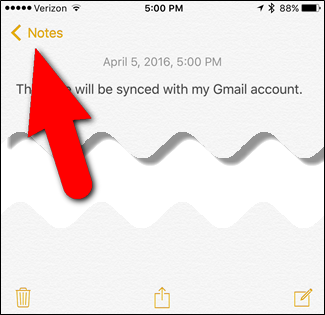 Навигация назад в приложении Заметки к списку заметок