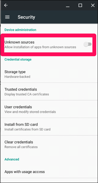 Переключатель Неизвестные источники на Android 7