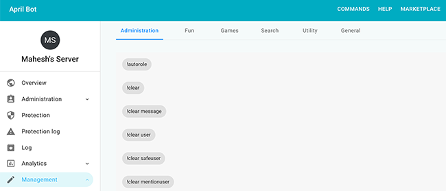 Страница настроек бота April