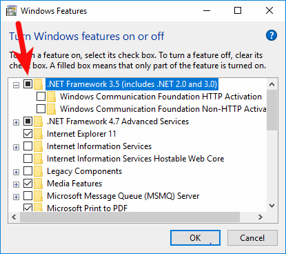 Включение .NET Framework 3.5 в компонентах Windows