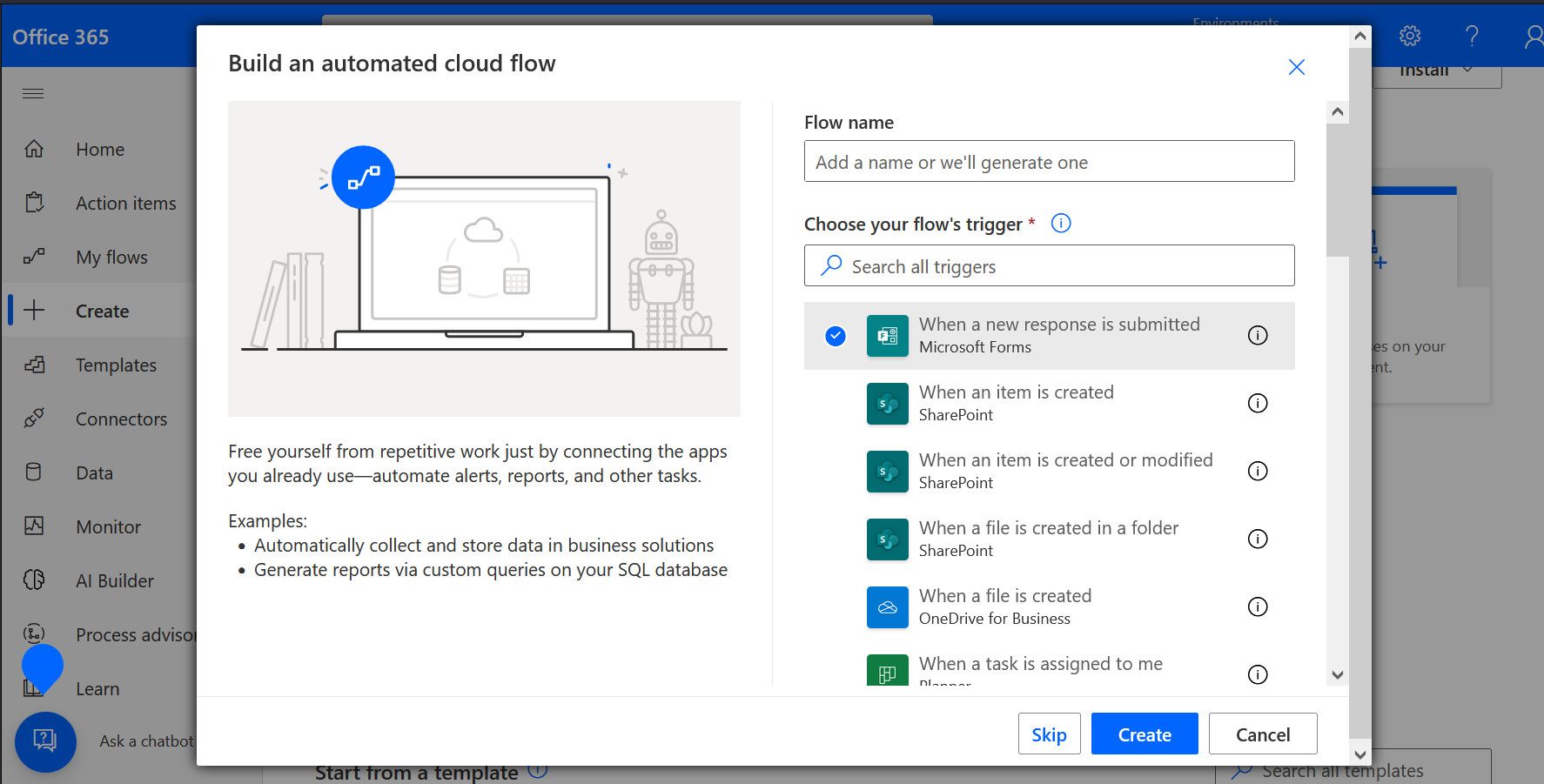 Окно выбора триггера 'When a response is submitted' в Power Automate