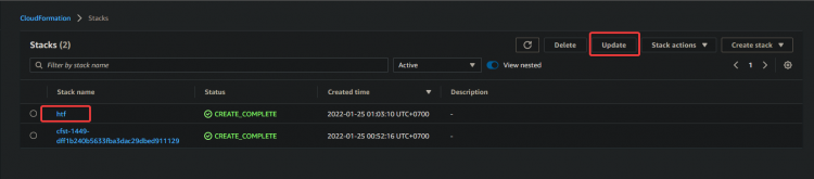 Консоль CloudFormation: кнопка 'Update' для стека htf