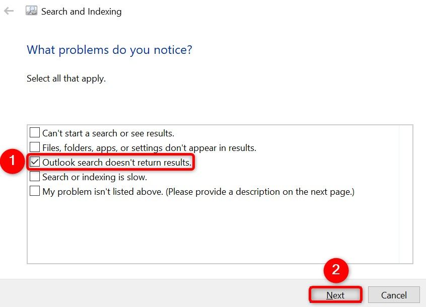 Выбрано 'Outlook Search Doesn’t Return Results' и кнопка 'Next' в устранителе неполадок