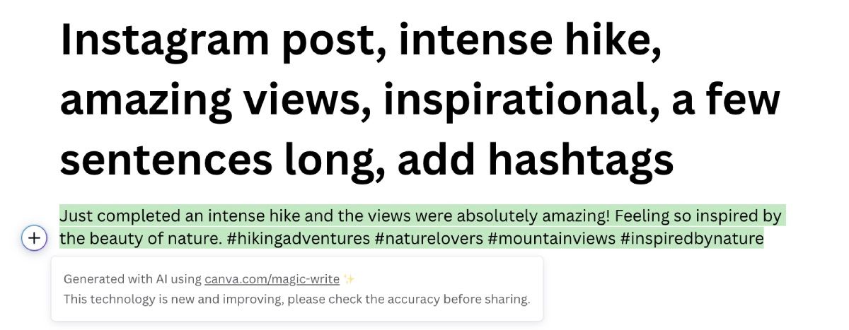 Canva Magic Write Instagram Post for hiking picture