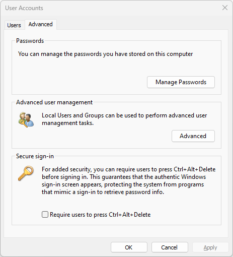 Вкладка 'Дополнительно' в окне 'Учетные записи пользователей' с опцией 'Требовать Ctrl+Alt+Delete'