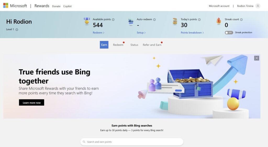 Скриншот интерфейса Microsoft Rewards с баллами и наградами