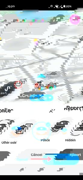 Выбор варианта сообщения о полиции в приложении Waze: стационарный или мобильный пост.