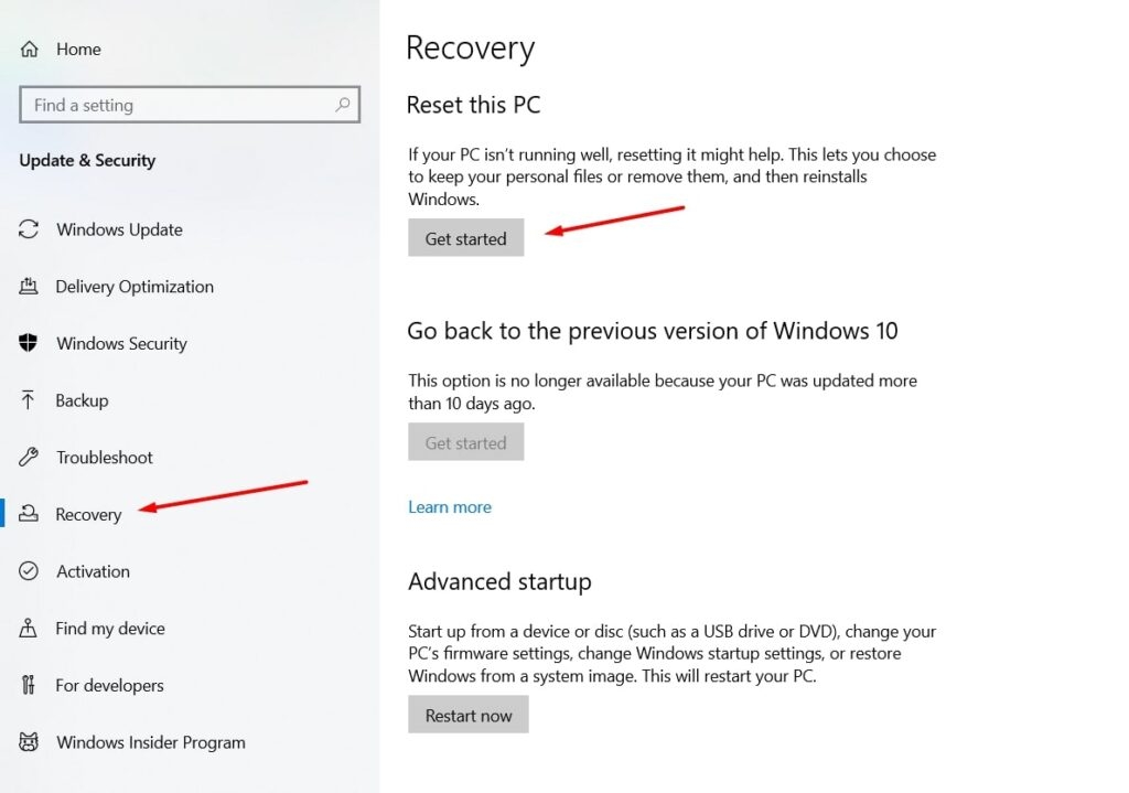 Windows Reset - Error 0xc0000001 on Windows 10