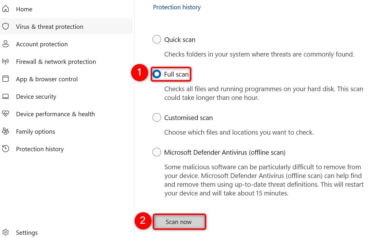 В Windows Security выделены параметры полной проверки вирусов.