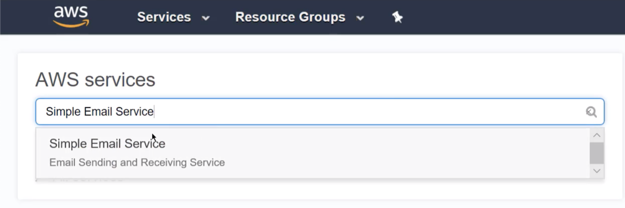 Поиск Simple Email Service в консоли AWS