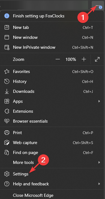 Меню Настроек Edge