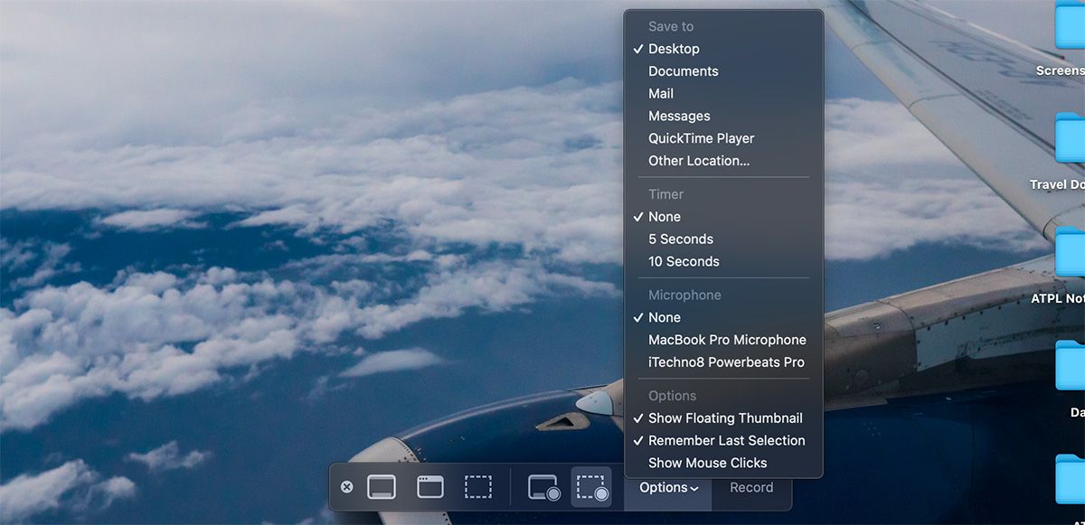 Параметры записи в утилите «Снимок экрана»