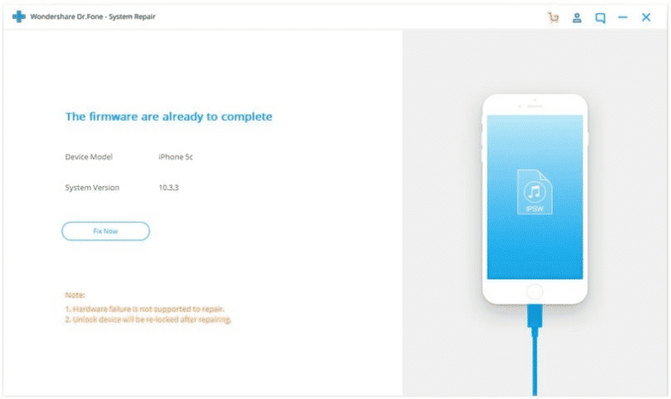 Dr.Fone: прогресс завершения и кнопка Fix Now для начала ремонта