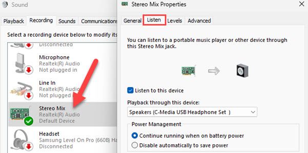 Окно свойств Stereo Mix с вкладкой