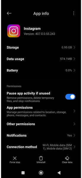 Информация о приложении Instagram в Android