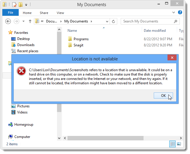 Диалог: выбранное расположение недоступно (предупреждение Explorer)