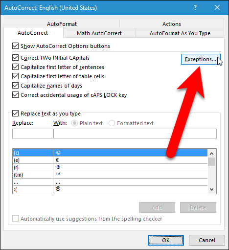 Кнопка Исключения в окне автозамены