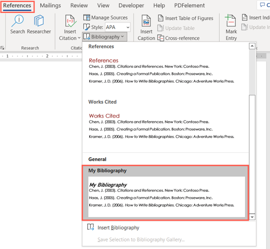 Сохранённый шаблон в меню Bibliography